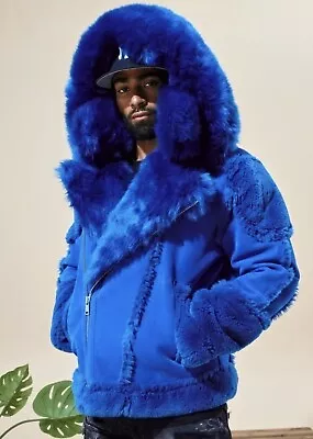 Jordan Craig Shearling Moto Jacket Coat Mens Fur Royal Blue Retro Aj1 New Wow Og • $149.90