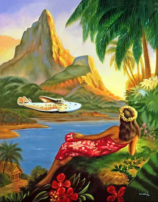 Poster Hawaii Paradise Airplane Flight Hula Girl Beach Vintage Repro Free S/h • $21.75