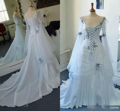 Celtic Wedding Dresses Blue Medieval Gothic Bridal Gowns Corset Long Bell Sleeve • $148.79