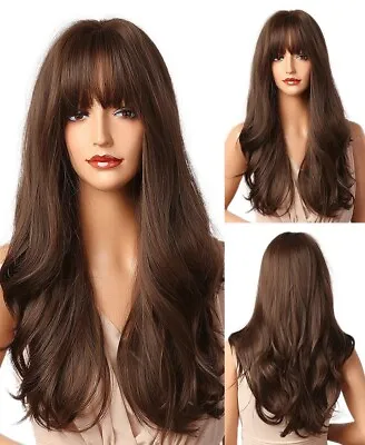 Dark Brown Cosplay Wig With Bangs Synthetic Hair Heat Resistant Wavy Black Women • £15.99