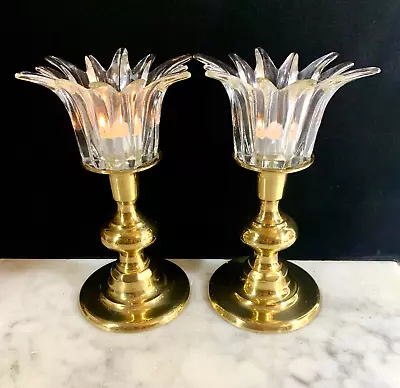 Vintage Set 2 Solid Brass Candlesticks With Glass Peg Votive Holders • $32