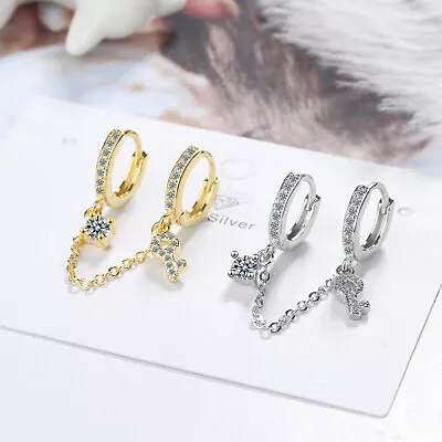 £5.98 • Buy Women's 925 Sterling Silver Double Piercings Chain Tassel Crystal Hoop Earring