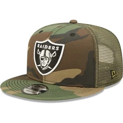 New Era Oakland Raiders Olive Camo 9FIFTY Trucker Snapback Hat Free Shipping • $44.99
