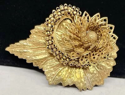 Miriam Haskell Signed Brooch Rare Vintage Gilt Filigree 3D 2-1/4  Pin A49 • $228