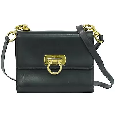 Salvatore Ferragamo Gancini  Leather Mini Shoulder Bag Black Gold • $496