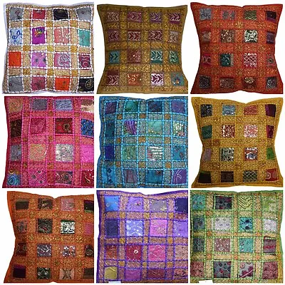 Cushion Covers 16 X16  Indian Heavy Embroidery Sari Patchwork Square Zip 40cm • £1.99