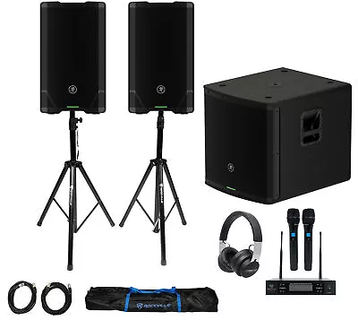 (2) Mackie SRT212 12” 1600 Watt Powered DJ PA Speakers+Stands+Sub+Headphones+Mic • $2010