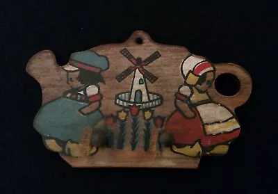 Vintage Wooden Dutch Windmill Teapot Wall Hanging W/ 2 Key Hooks  (4.5  X 7 ) • $4.99