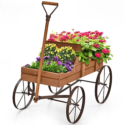 Wagon Garden Planter Wood Decorative Flower Pot Stand With 4 Large Wheels • £34.95