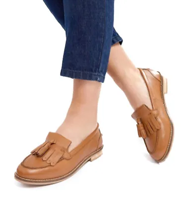 Womens Tan Wide Fit Real Leather Loafers Ladies Tassle Deck Size 2 3 4 5 6 7 8 9 • £19.99