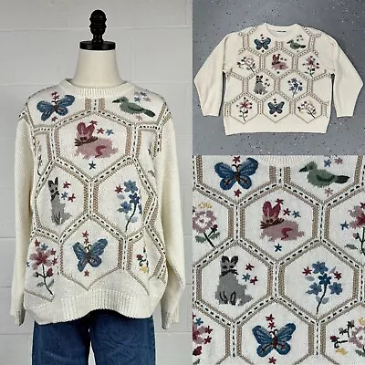 Vintage Bunny Rabbit Butterfly Bird Oversized Sweater Cottagecore Fairy Kei OS • $49.99
