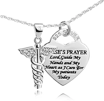 925 Sterling Silver Caduceus Angel Nursing Pendant Necklace Gift Nurse Doctor RN • $111.27