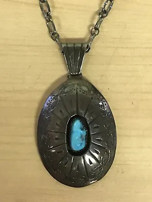 Vintage Indian Sterling Silver Turquoise Native Necklace W Silver HANDMADE Chain • $136.50