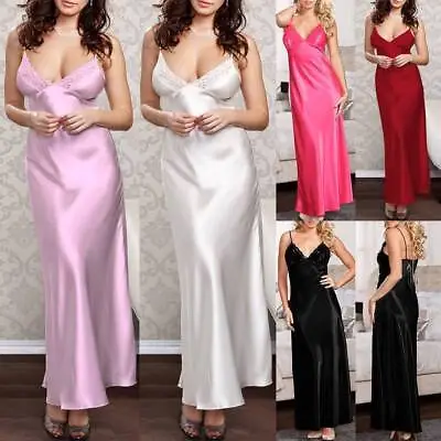 Womens Silky Long Maxi Night Dress Lingerie Nightwear Sleepwear Gown Robe Cami • £8.39