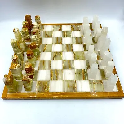 Marble Chess Board Set With Wood Edges 13 1/2  X 13 1/2  - 14 Pounds Heavy *READ • $53.97