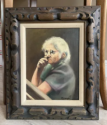 Vintage Signed Oil Painting Woman Hand Carved Frame • $59