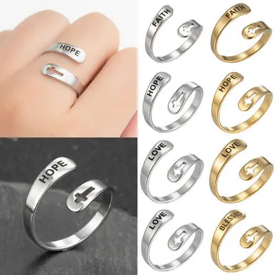  Stainless Steel Cross Faith Hope Blessed Open Rings Women Men Encourage Jewelry • £3.99