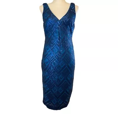 Vince Camuto Elegant Blue Sequin Mesh Cocktail Dress Slvls V Neck/BackNWT 12 • $65