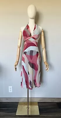 Vintage Y2K BCBGMAXAZRIA Size 4 Abstract Print 100% Silk Halter Dress • $29.99