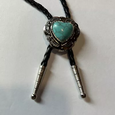 Heart Shape Bolo Tie W/Turquoise Color Stone 4mm Black Braided Cord Silver Tips • $14.50