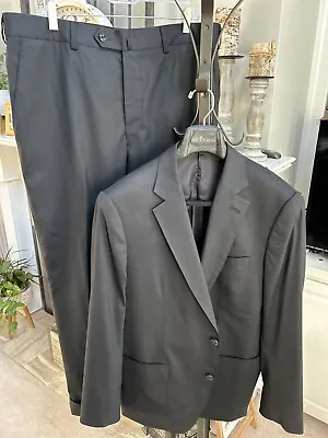 Q. CLOTHIER Men's Made To Measure Solid Black Suit Flat Front Sz 46R • $229.99