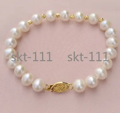 $18.99 • Buy 9-10mm White Akoya Round Natural Pearl Bracelet 7.5-8” 14k Yellow Gold P Clasp 