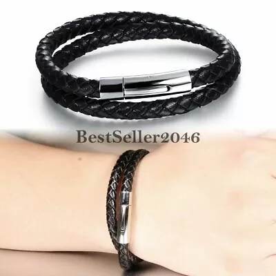 Mens Womens Black Braided Leather Stainless Steel Magnetic Bangle Bracelet • $9.99