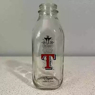 Texas Rangers 1836 Farms Brand Terrell TX 32 Oz. Glass Milk Bottle Collectible • $30
