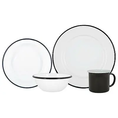 16 Piece White Enamel Dinner Set Metal Camping Plates Bowls Mugs For 4 Black • £36