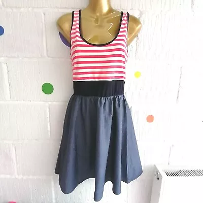 💗Next Size S Red & White Y2k Striped Denim Dress Scoop Neck • £12.99