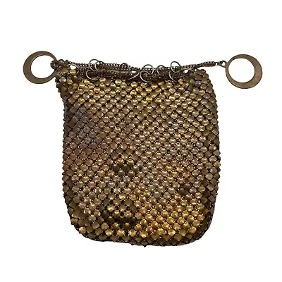 Antique Mandalian Metal Mesh Drawstring Metal Mesh Gold Tone Mini Handbag • $90.99