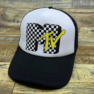 MTV Checkers Mens Trucker Hat Black Snapback 90s Retro TV Skate Punk Ball Cap • $19.99