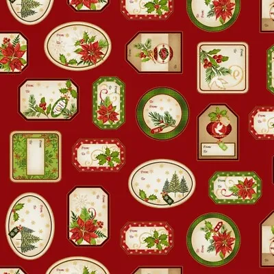 Christmas Labels Red With Metallic Holiday Village Sewing Quilting Fabric FQ • £4.18