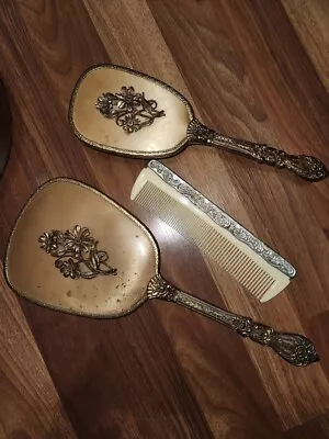 Vtg Matson Ormolu Roses 3 Pc Vanity Set Brush Mirror Comb 24 KT Gold Plated NIB • $100