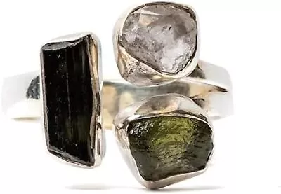 925Silver Ring Moldavite Black Tourmaline Herkimer Diamond Ring Natural Gemstone • $28.99