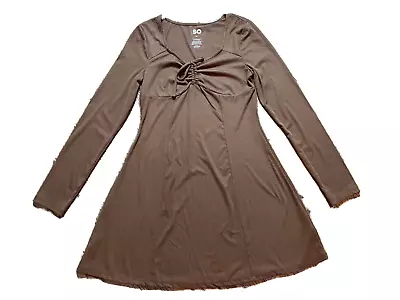 NEW SO Brown Ribbed Long Sleeve Knit T-Shirt Dress 90s Grunge Mini Tie Front M • £9.64