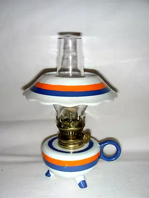 Vintage Mini Porcelain Finger Oil Lamp White W/ Blue & Orange Stripes Japan • $24.99