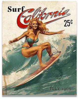 Vintage Surfing Poster Art Print Pinup Girl Surfboard Beach House Wall Art Decor • $9.95