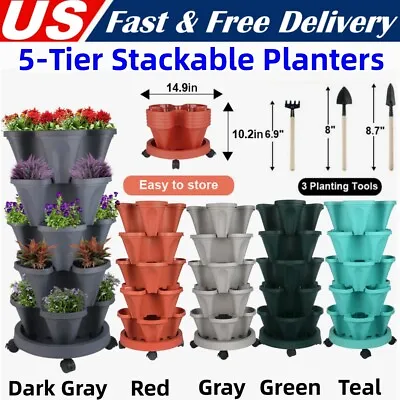 5-Tier Stackable Planters Vertical Planter Garden Flower Pot W/ 4 Wheels & Tools • $33.86