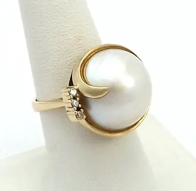 14k Gold 17mm Mabé Button Pearl Diamond Ring Vintage • $595