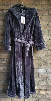 New M&S Ladies Rosie Luxury Charcoal Fleece Hood Long Dressing Gown Size Small  • £39.99