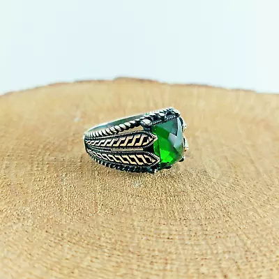 925 Sterling Silver Handmade Men's Ring With Square Shape Green Emerald Stone • £45.36