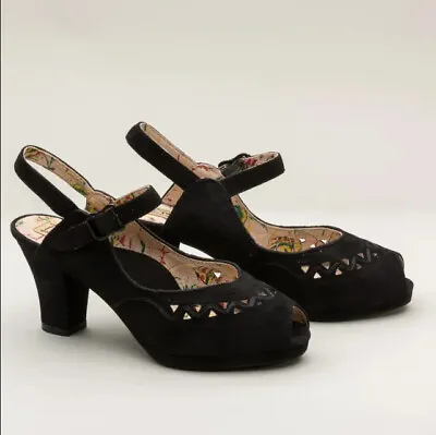 Miss L Fire Betty 1940s Black Suede Platform Slingback Heels 39 • $123.05