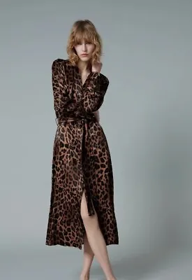 Zara Satin Leopard Print Belted Midi Dress Size M 12 14  Brown  • £29.99