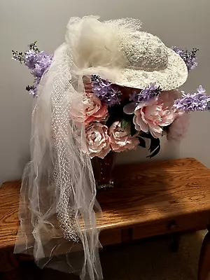 Vintage Bride Wedding Hat Ivory Wide Brim Lace Tulle Pearls / Veil 1986 • $55
