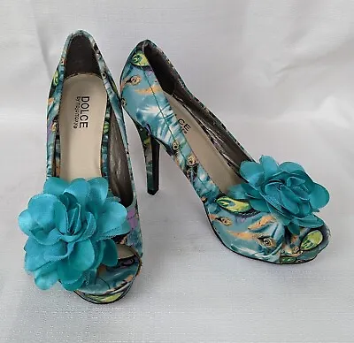 Dolce By Mojo Moxy Heels Colorful Green Blue Floral Print Size 7 Peep Toe Pumps • $24.99