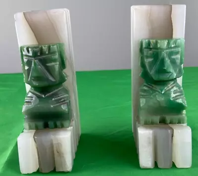 2 Vintage Carved Aztec Mayan Tiki Stone Bookends Onyx Marble Jade Brown Green • $29.93