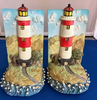 Lighthouse Bookends Coastal Beach Nautical Shore Sand Dunes Ocean Heavy Resin • $9.50