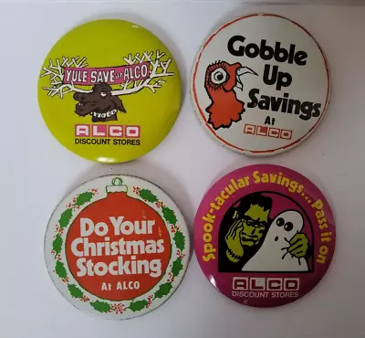4 Vintage ALCO Store Cartoon Advertising Employee Pinback Buttons 3  Retro Yule • $14.95