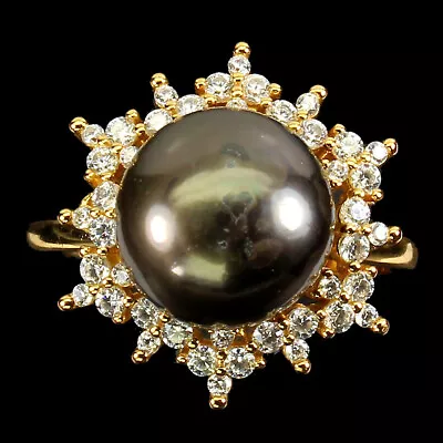 Round Black Pearl 11mm Simulated Cz Gemstone 925 Sterling Silver Jewelry Ring 8 • $34